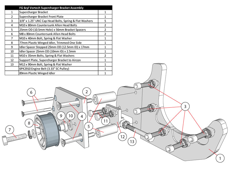 FG 6 Cyl Aluminium Bracket & Pulley Kit (Engine Belt Drive), Standard Rotation